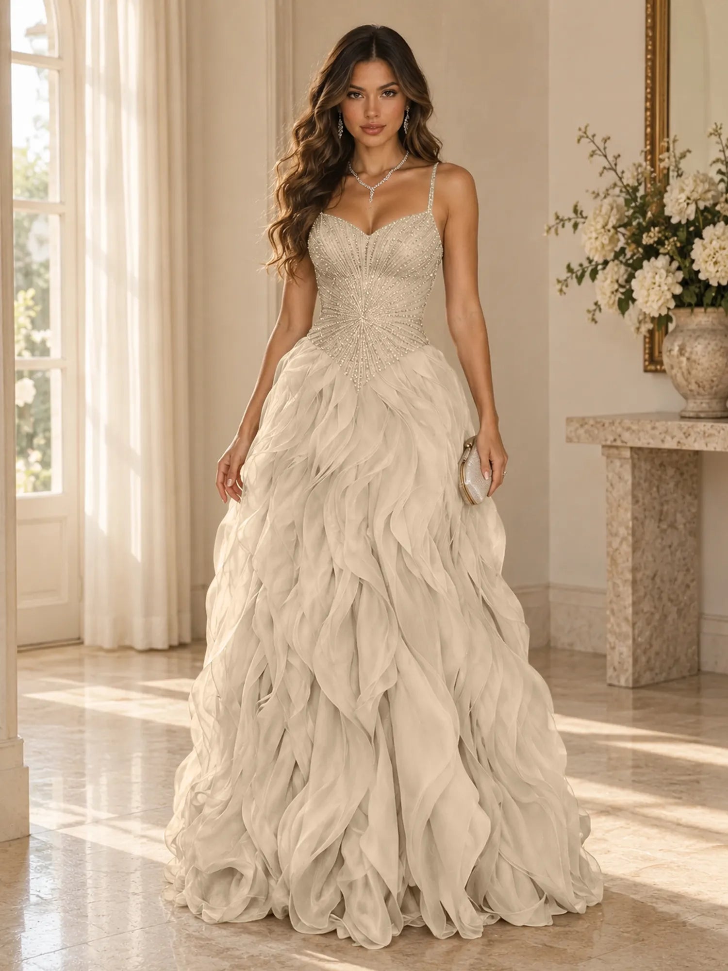 Elegant Beaded Spaghetti Strap Tiered Ruffle Ball Gown Evening Dress