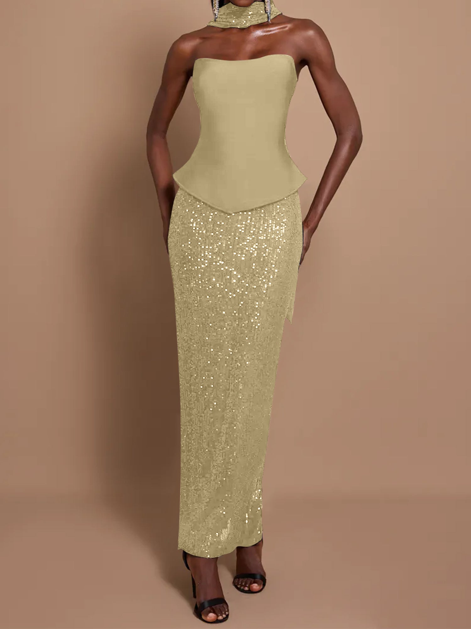 Off-Shoulder Bandage Top & Sequin Midi Skirt Set