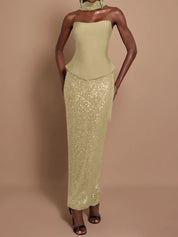 Off-Shoulder Bandage Top & Sequin Midi Skirt Set