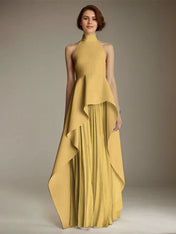White Sleeveless High Neck Chiffon Long Formal Dress With Ruffles
