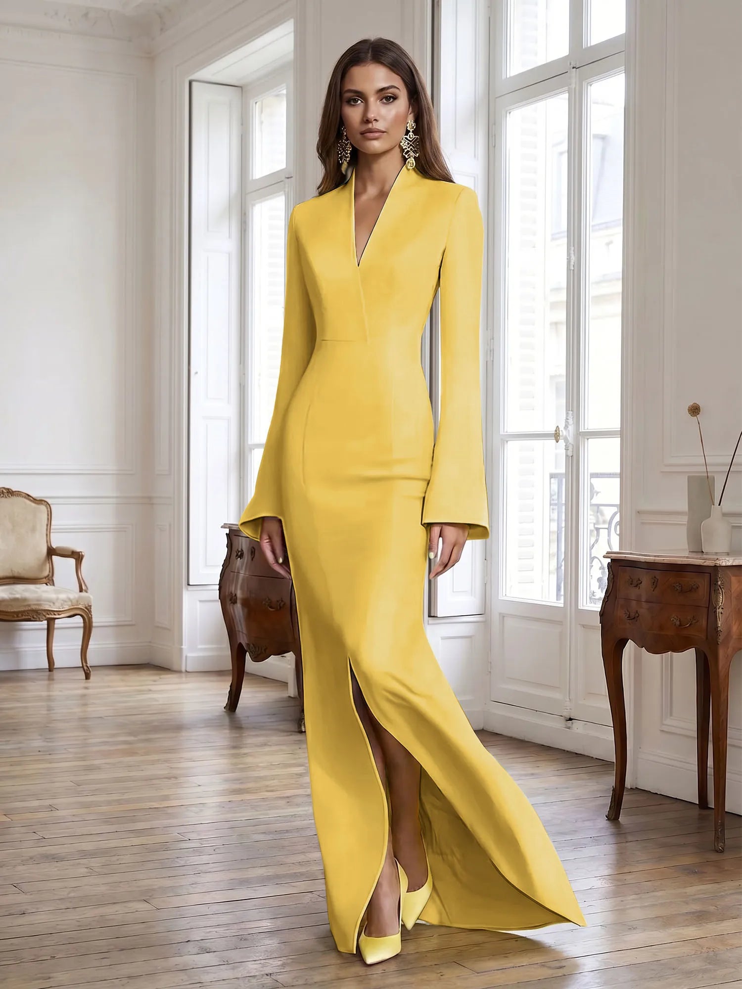 Yellow Long Bell Sleeve Mermaid Evening Gown with Asymmetric V-Neck Formal Dresses