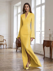 Yellow Long Bell Sleeve Mermaid Evening Gown with Asymmetric V-Neck Formal Dresses