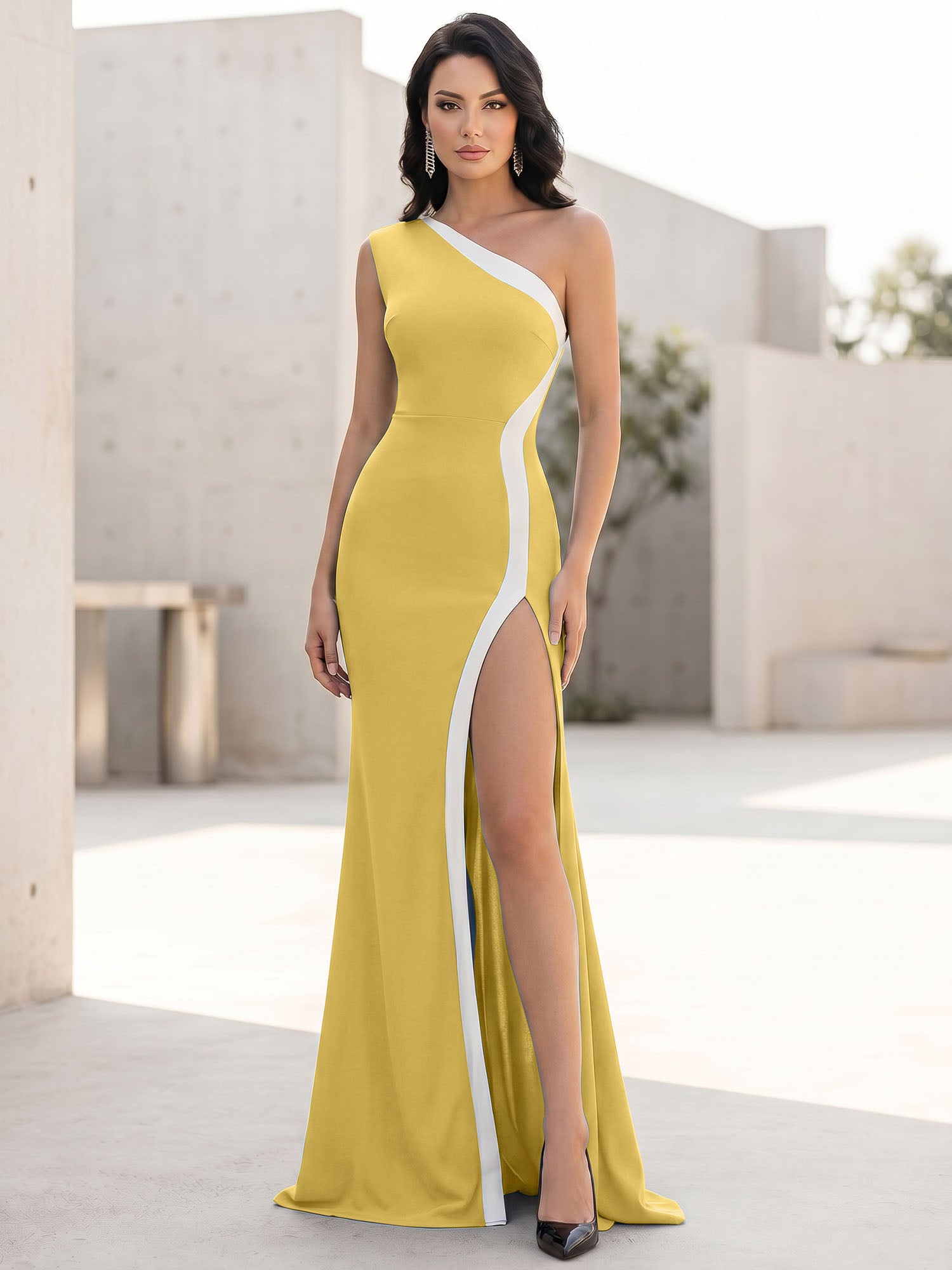 Elegant Black One-Shoulder Contrast Trim High-Slit Evening Gown