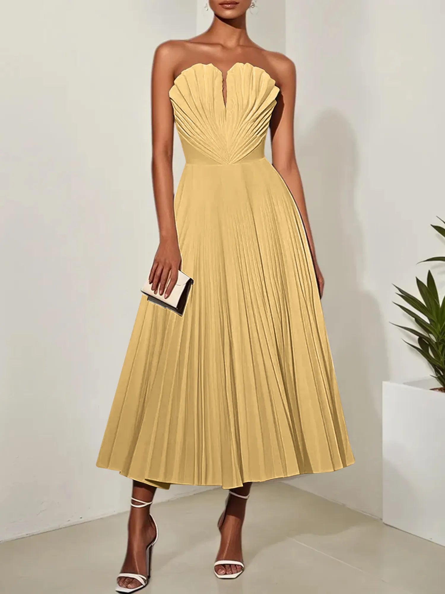 White Pleated Classic Strapless Sleeveless A-Line Midi Dress