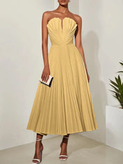 White Pleated Classic Strapless Sleeveless A-Line Midi Dress