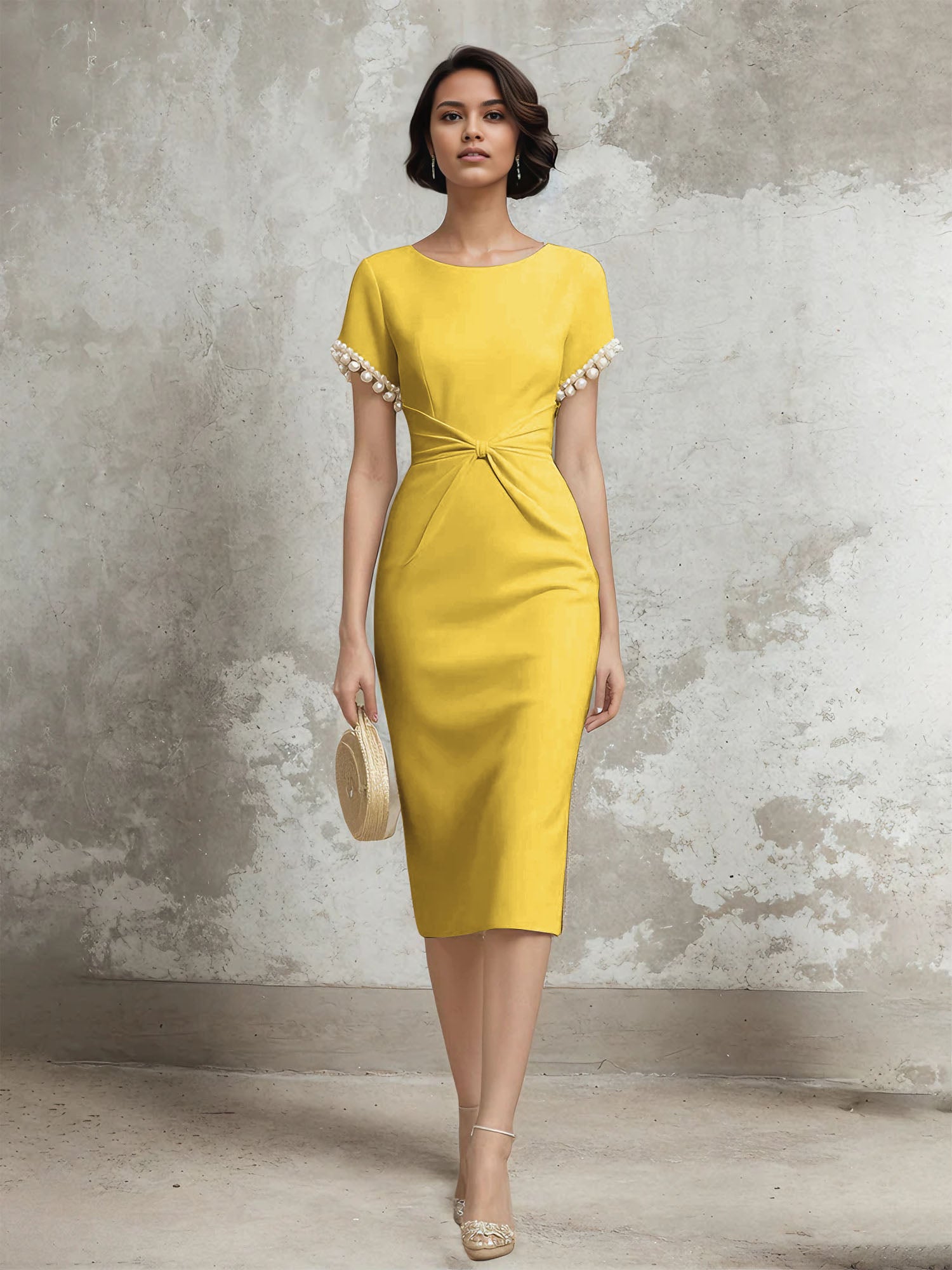 White Stretch Crepe Sheath/Column Short Sleeve Tea Length Dress With Pearls