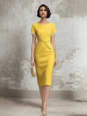 White Stretch Crepe Sheath/Column Short Sleeve Tea Length Dress With Pearls
