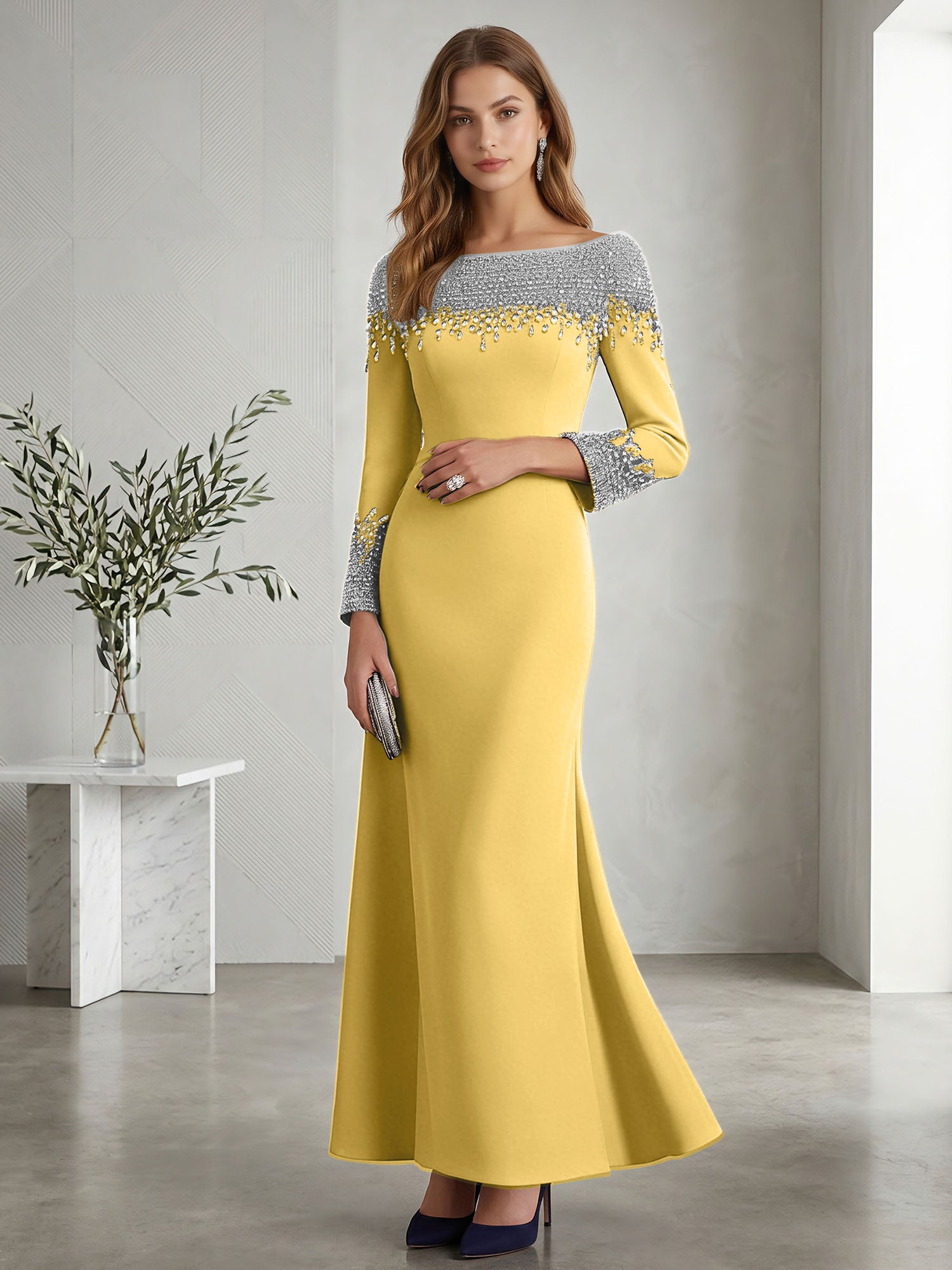 Formal Evening Dress Midnight Navy Velvet Long Sleeves Maxi Dress with Crystal