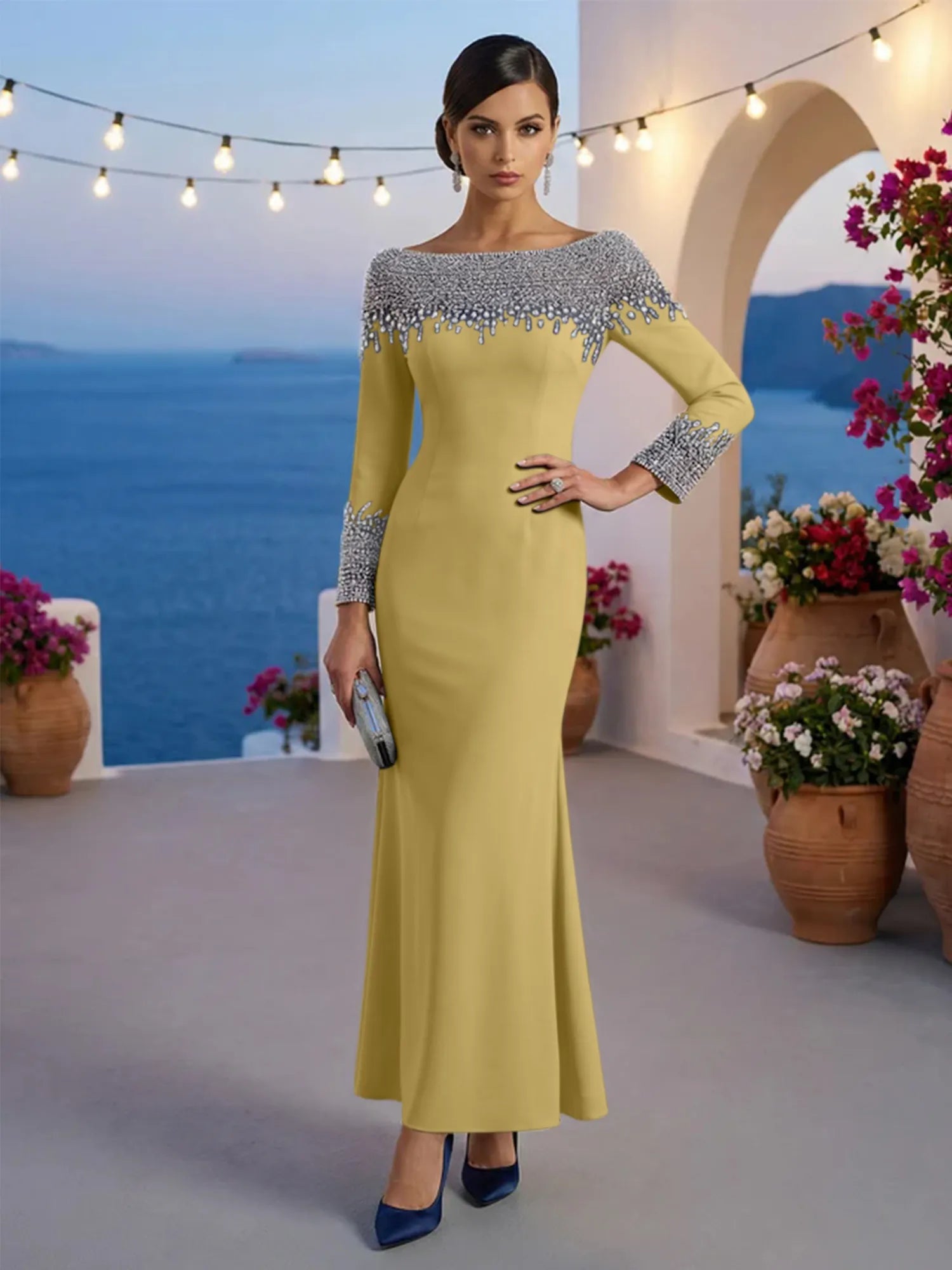 Formal Evening Dress Blue Velvet Long Sleeves Maxi Dress with Crystal