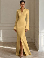 Formal Yellow V Neck Long Sleeves Floor Length Dress With Slit