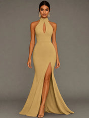 Mermaid Halter Neck Satin Formal Dress with Slit