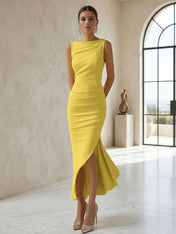 Elegant Formal Evening Gown Butter Yellow Ruched Asymmetrical Midi Dress