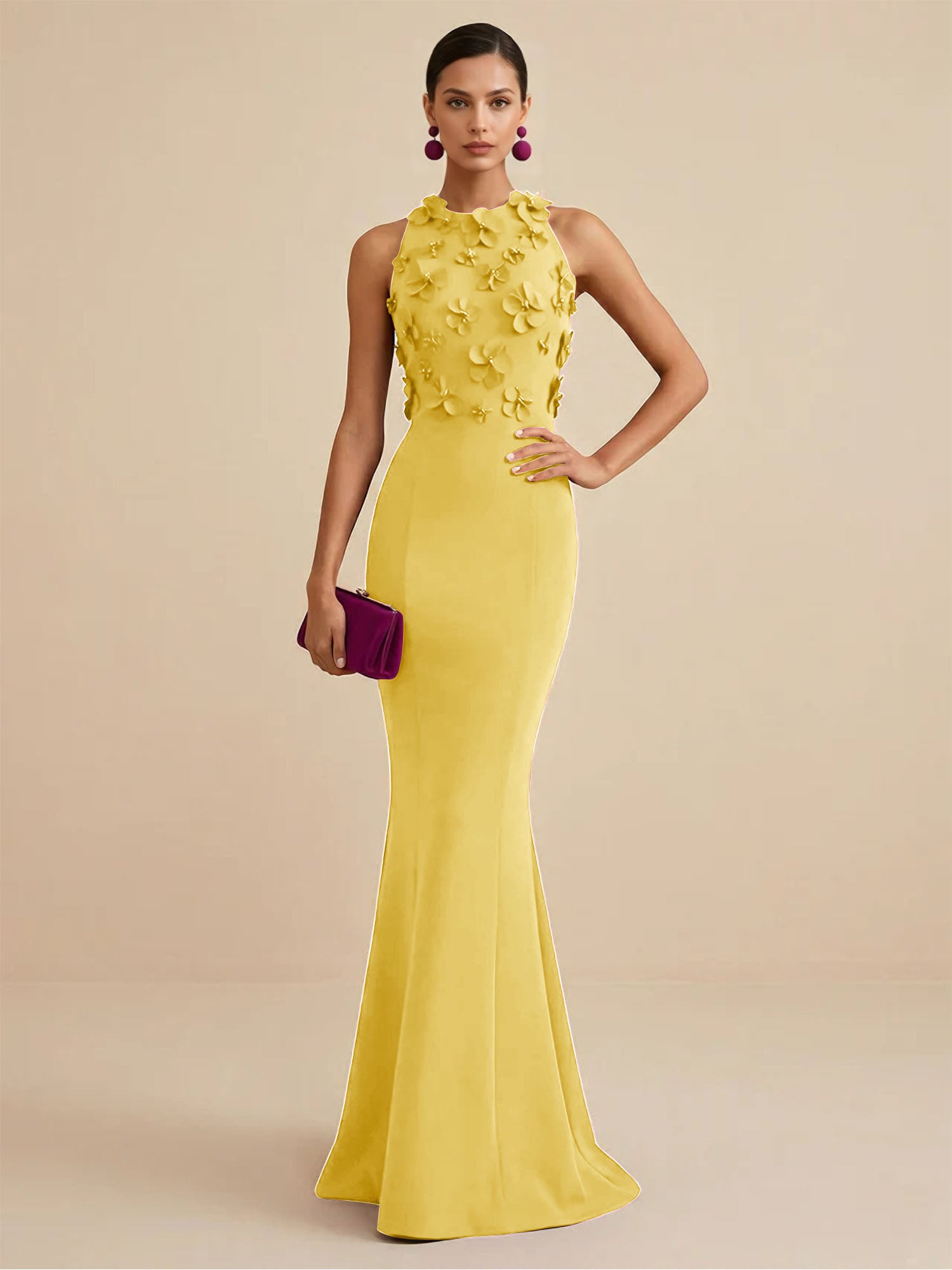 Deep Fuchsia Sleeveless High Neck 3D Floral Mermaid Formal Gown Evening Dress