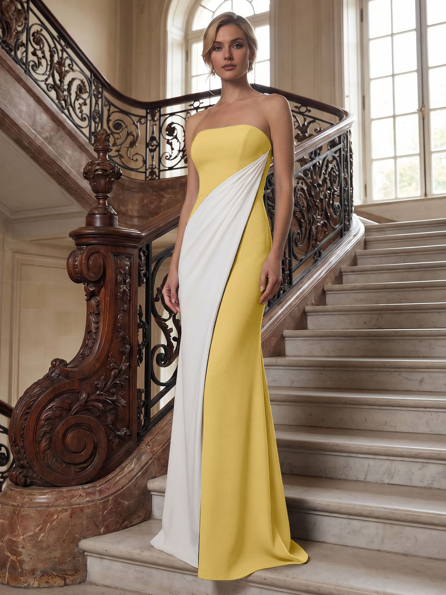 Black White Sheath Strapless Elegant Maxi Formal Dress