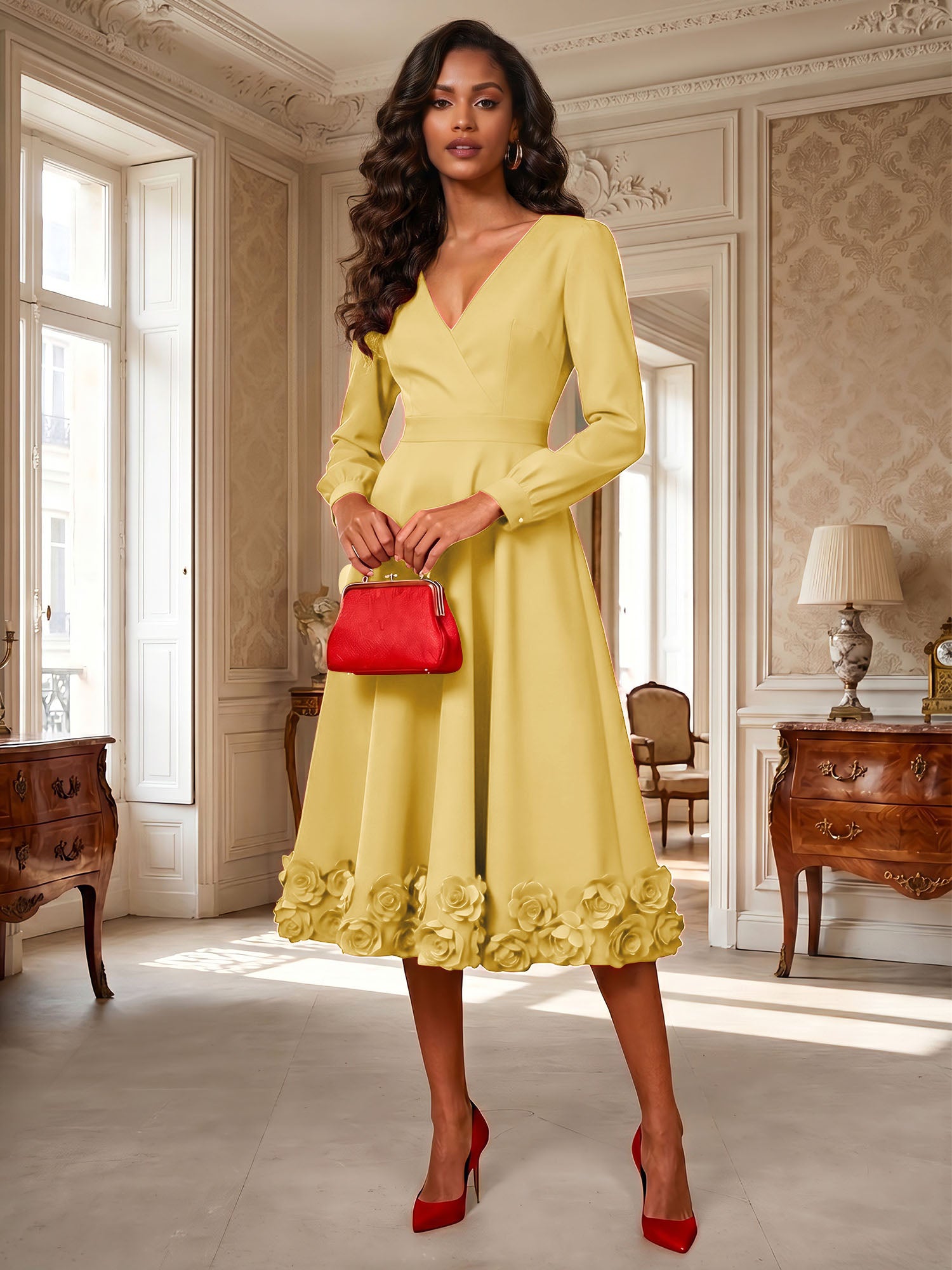 Formal Evening Gown Crimson 3D Rose Hem A-Line Midi Dress