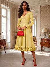 Formal Evening Gown Crimson 3D Rose Hem A-Line Midi Dress