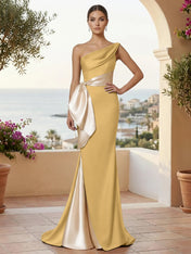 One Shoulder Mermaid Satin Pleat Evening Dresses with Bow