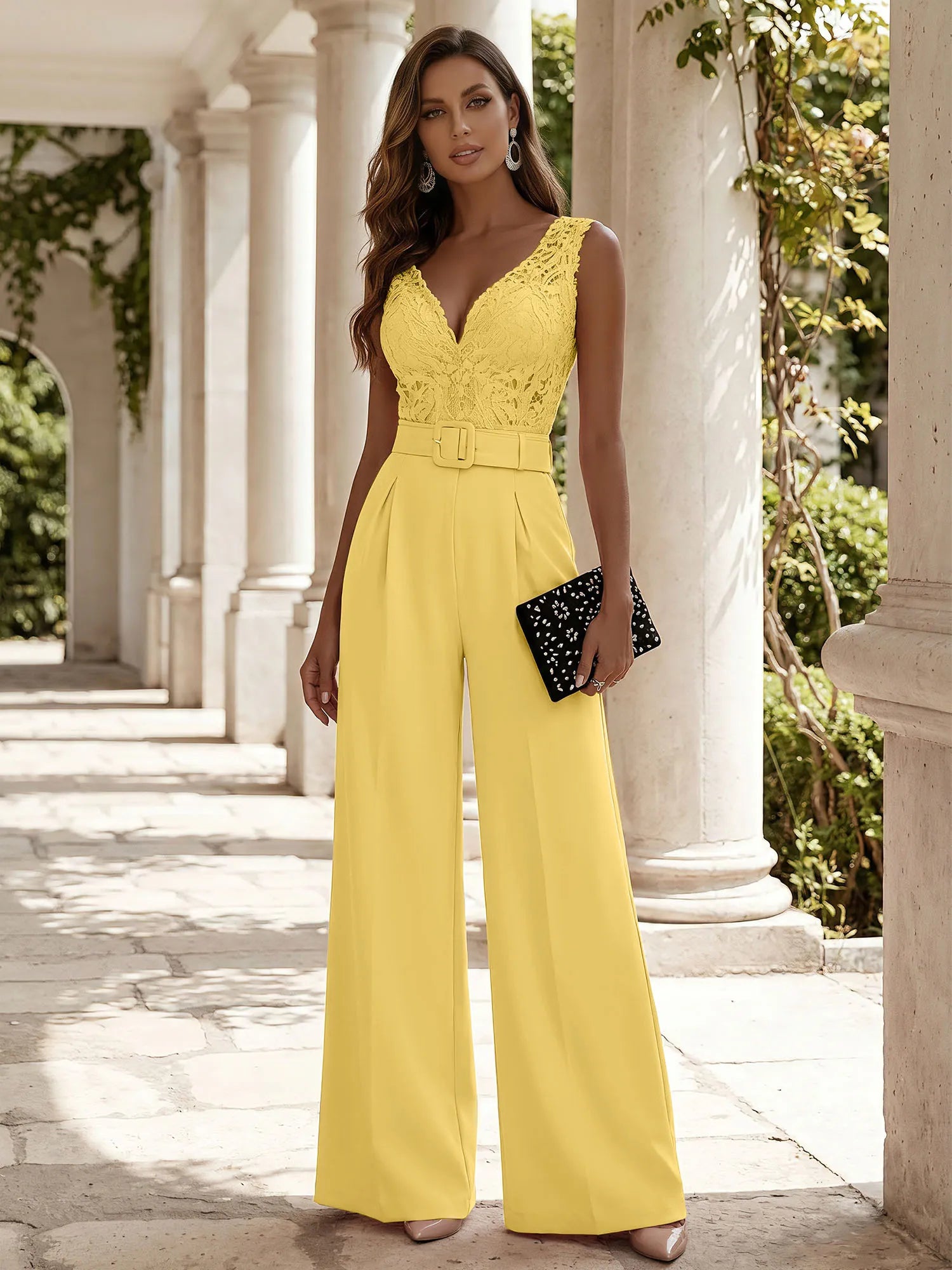 Women Pink Lace Deep V Neck Sleeveless Dressy Jumpsuit
