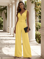 Women Pink Lace Deep V Neck Sleeveless Dressy Jumpsuit