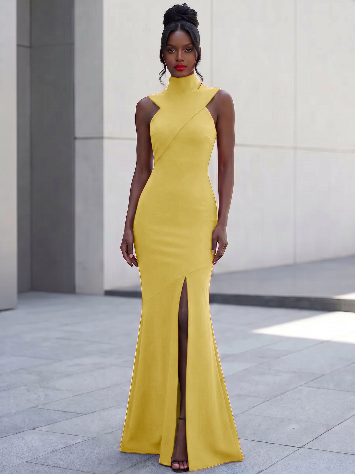 High-Neck Cross-Bodice Sleeveless Maxi Dress