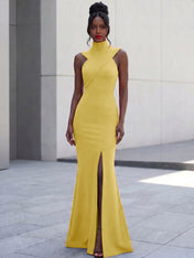 High-Neck Cross-Bodice Sleeveless Maxi Dress