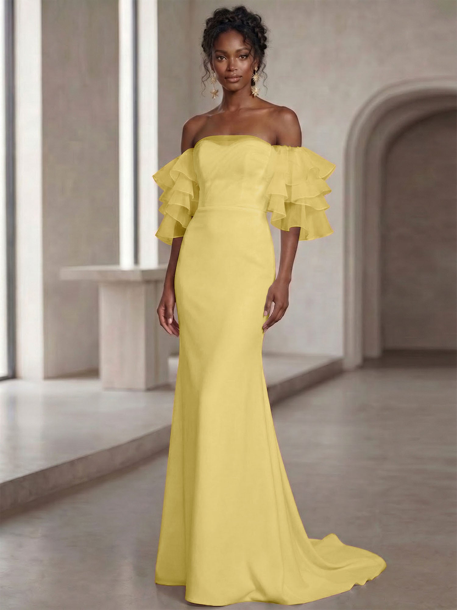 White Mermaid Off the Shoulder Ruffled Long Wedding Reception Dress