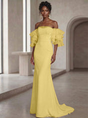 White Mermaid Off the Shoulder Ruffled Long Wedding Reception Dress