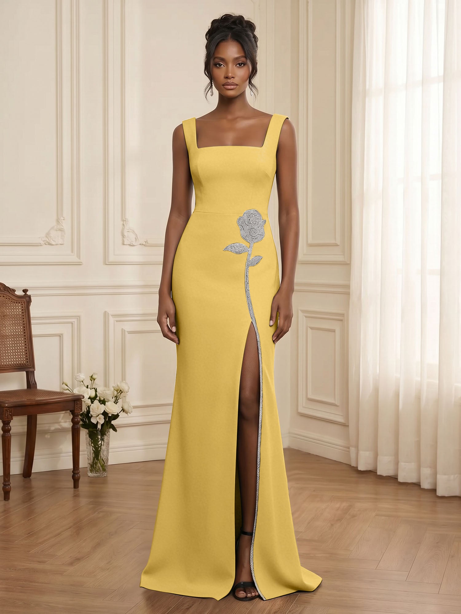 Formal Evening Dress Glamorous Black Square-Neck Crystal Rose Slit Gown