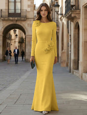 Elegant Pure White Formal Evening Dress Long-Sleeve 3D Floral Crepe Maxi Dress Gown
