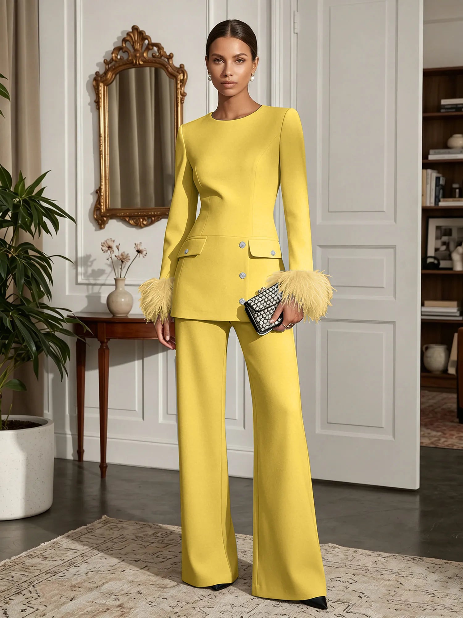 Women's White Two-Piece Set: Buckle Detail Feather-Trimmed Top & Straight-Leg Pants