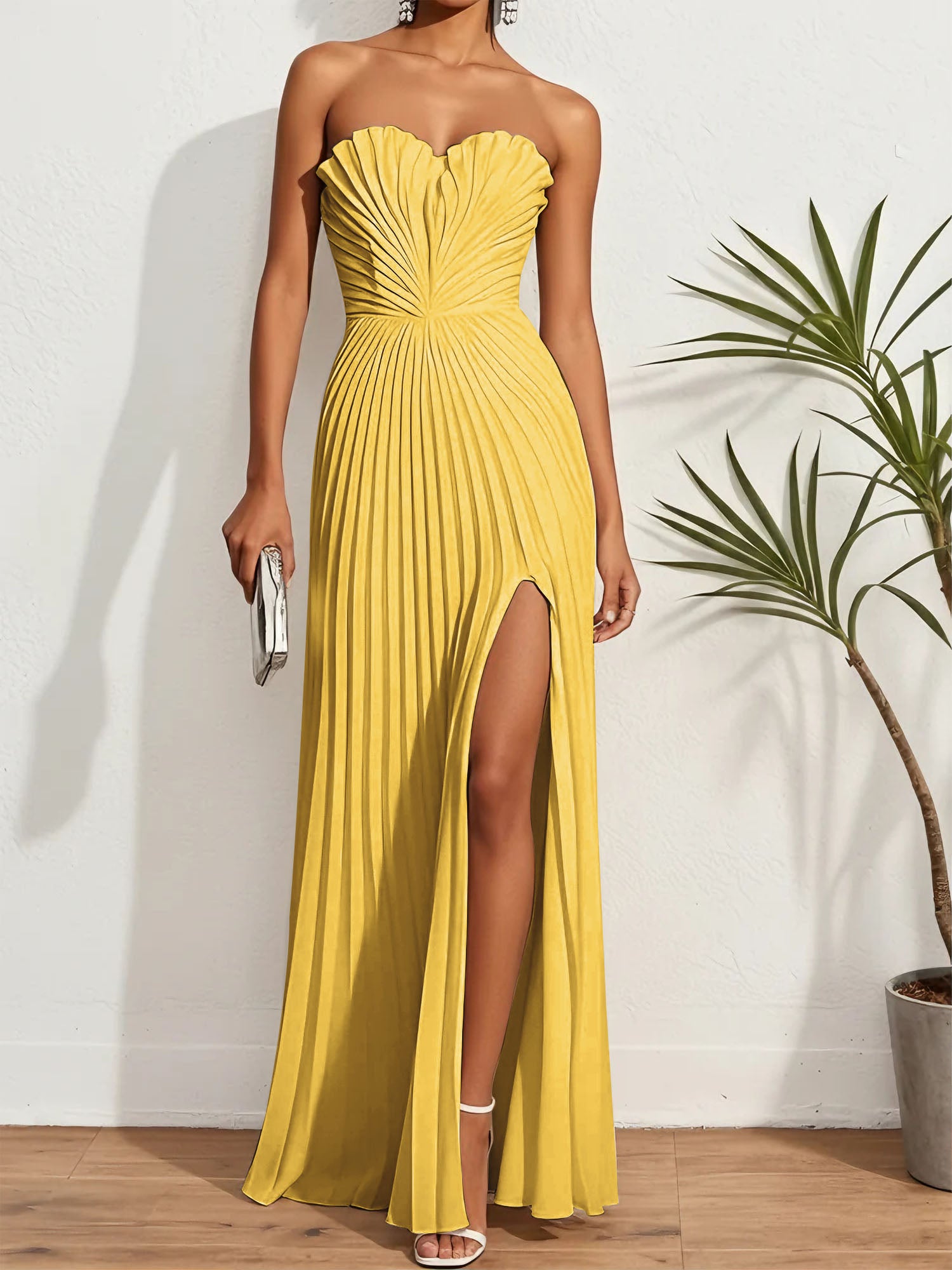 Pleated Classic Strapless Sleeveless A-Line Maxi Dress
