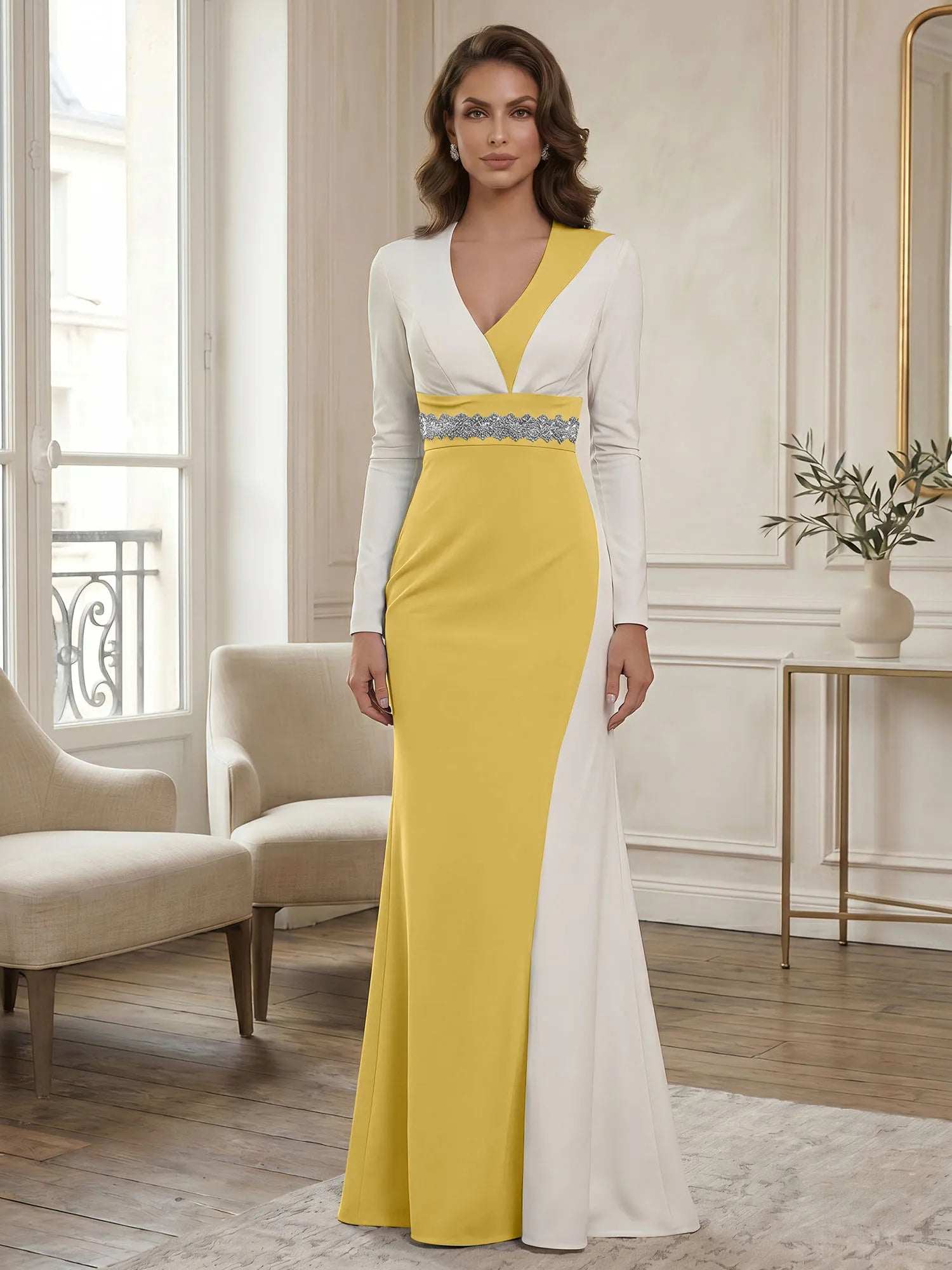 Elegant Navy & White Color-Block Long Sleeve Floor-Length Evening Gown Formal Dresses