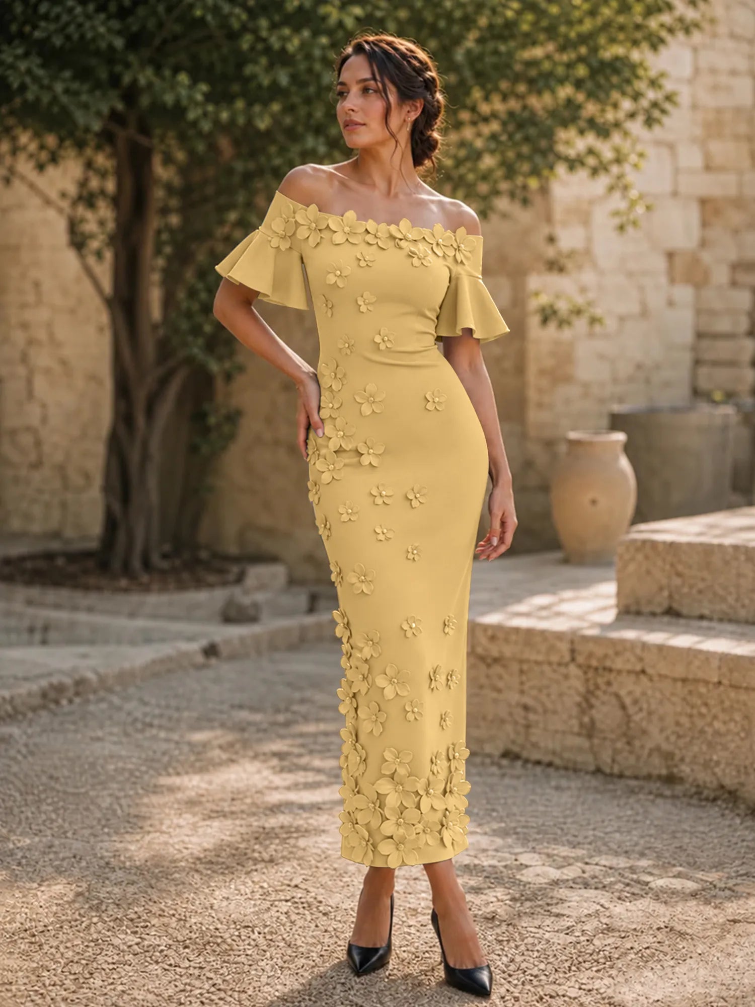 Black 3D Floral Off-The-Shoulder Ankle-Length Gown Dress