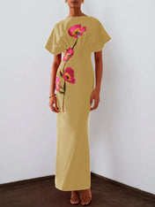 Red 3D Floral Appliqué Boat Neck Short Sleeve Backless Sheath Maxi Dress