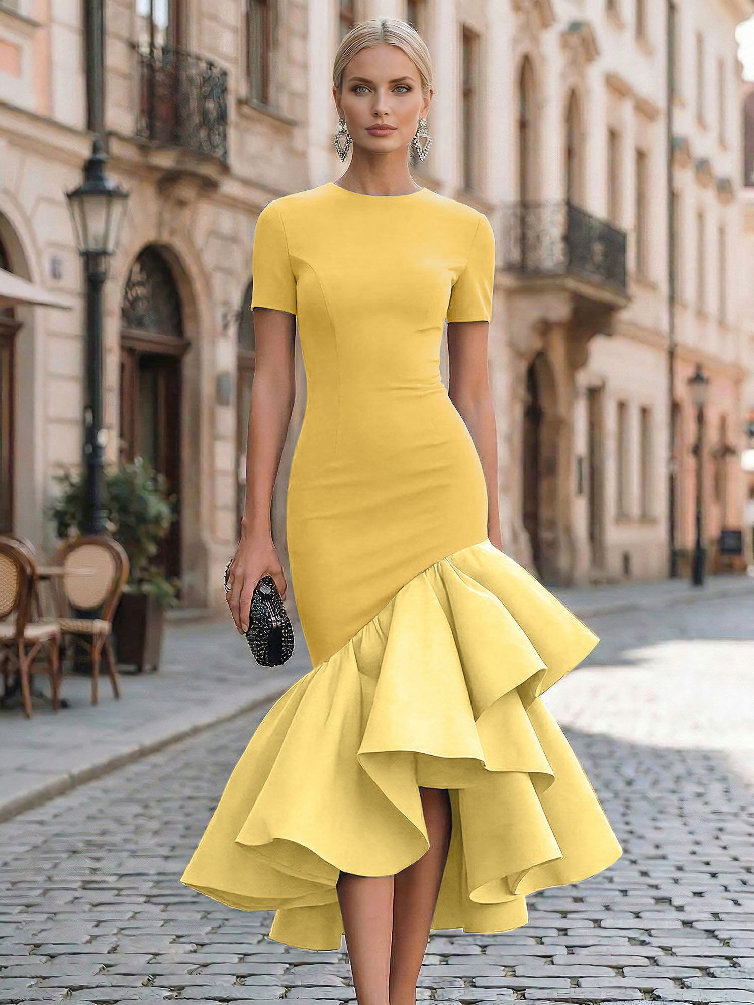 Evening Foraml Gown Avant-Garde Black Short-Sleeve Tiered Ruffle Midi Dress