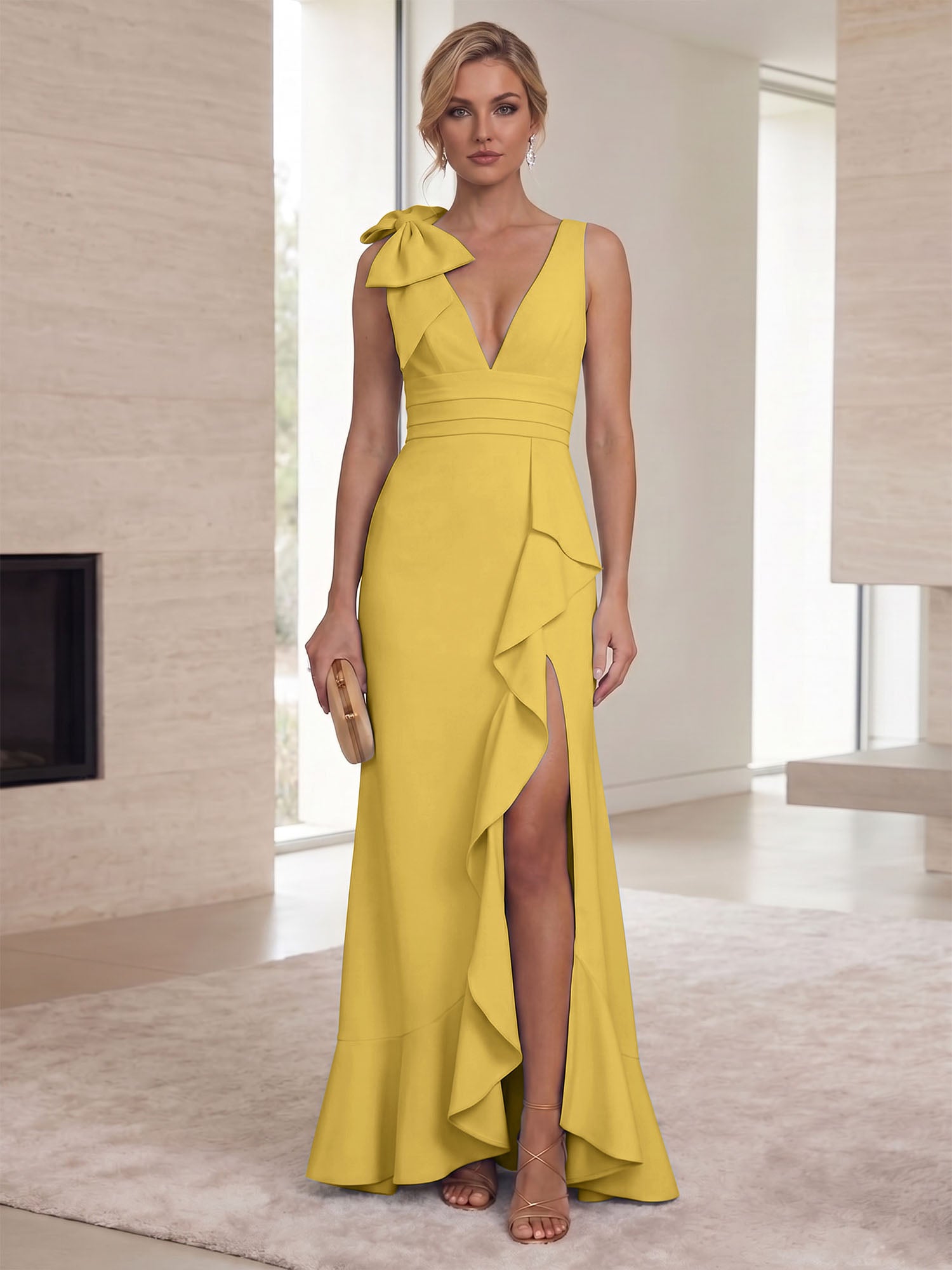 Ice Blue Bow-Accent Ruffle Slit Gown Formal Evening Dress