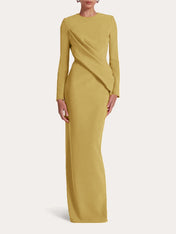 Red Sheath/Column Scoop Long Sleeves Chiffon Floor-Length Ruffles Formal Dress