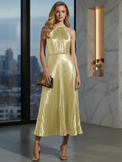 Luxurious Champagne-Gold Pleated Halter Midi Prom Dress