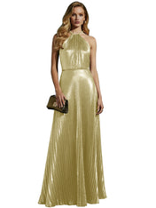 Luxurious Champagne-Gold Pleated Halter Long Prom Dress