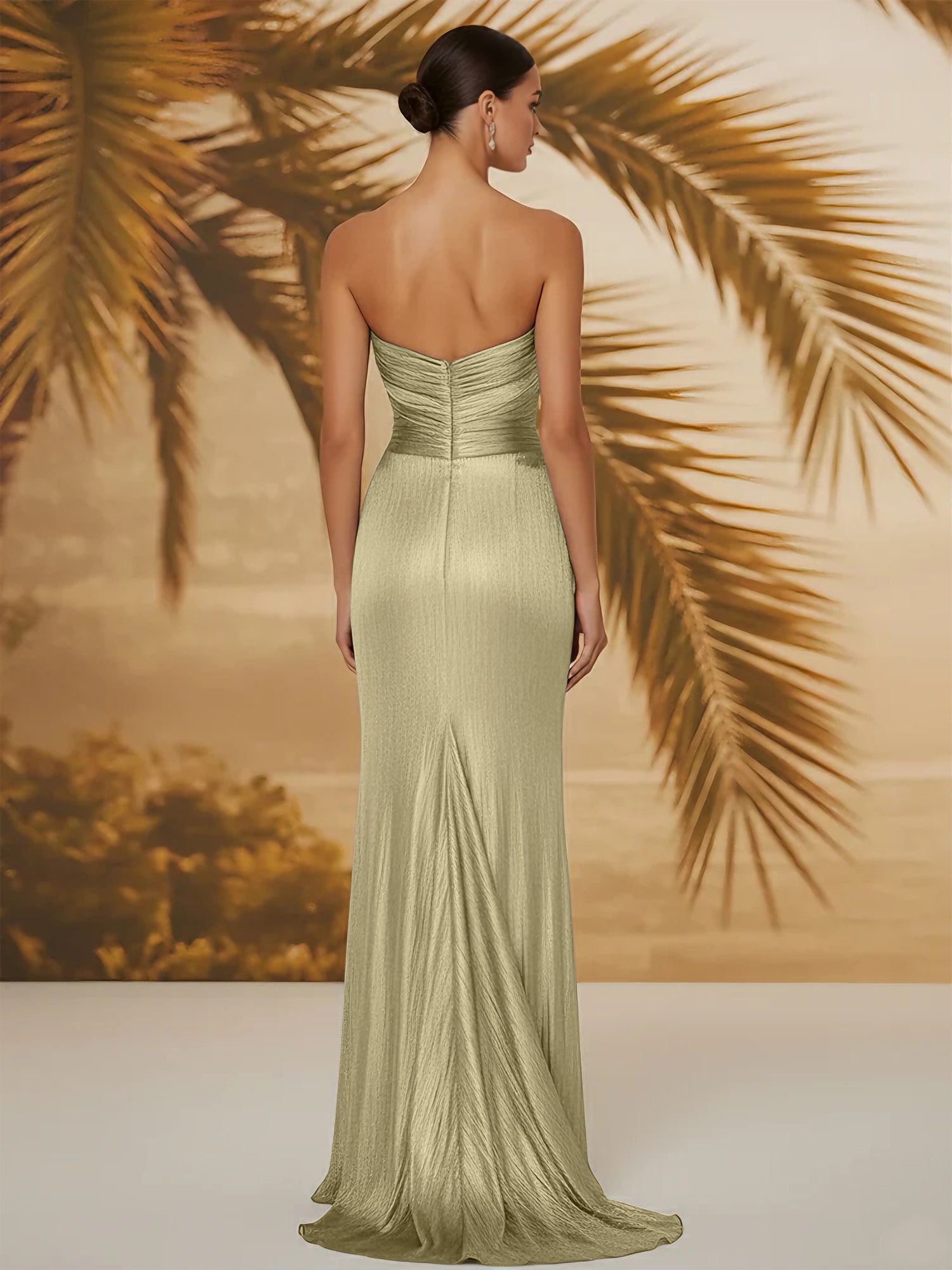 Evening Formal Dress V Neck Silk Ruffles Strapless Maxi Dress