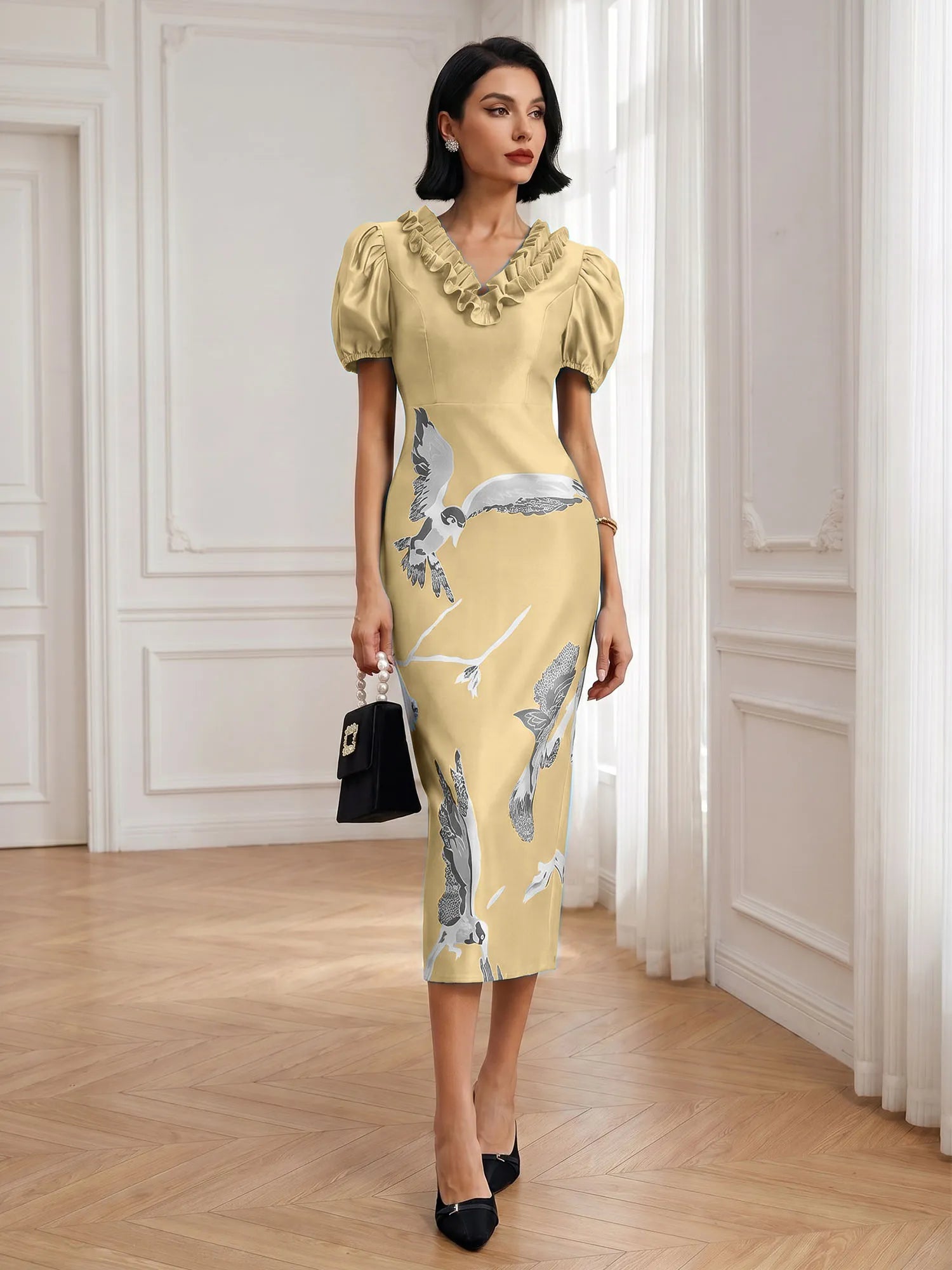 Black Folds V Neck Puff Sleeve Midi Sheath Dress