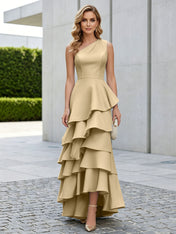 One Shoulder Tiered Ruffle Satin Mermaid Evening Gown with Sculptural Layers