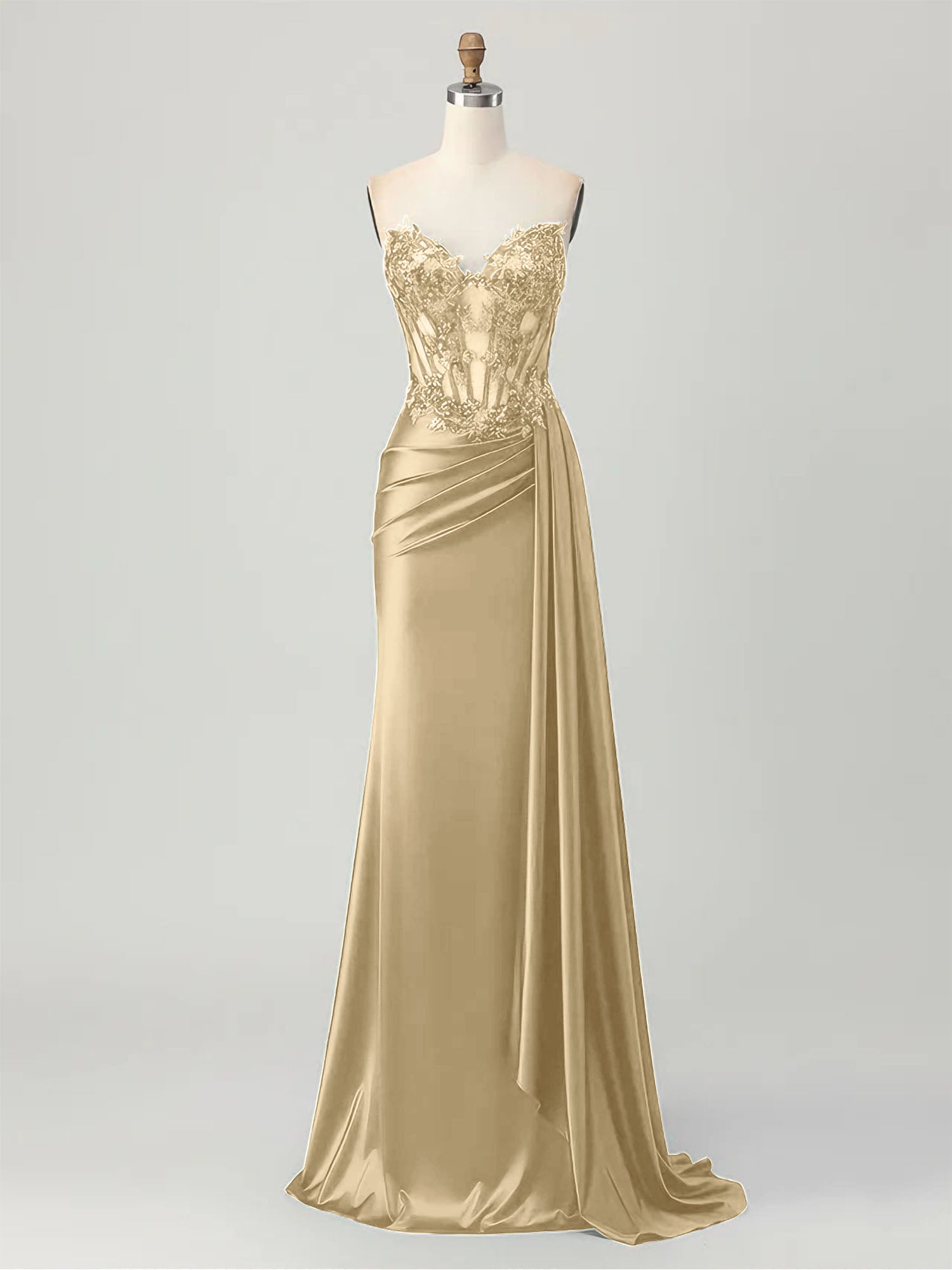 Strapless Illusion Bodice Prom Dress with Satin Skirt