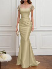 Mother of the Bride Dress Champagne Satin Square Neck Maxi Dress