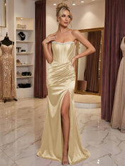 Burgundy Satin Corset Rhinestone Trim Floor-Length Prom Dress with Thigh Slit