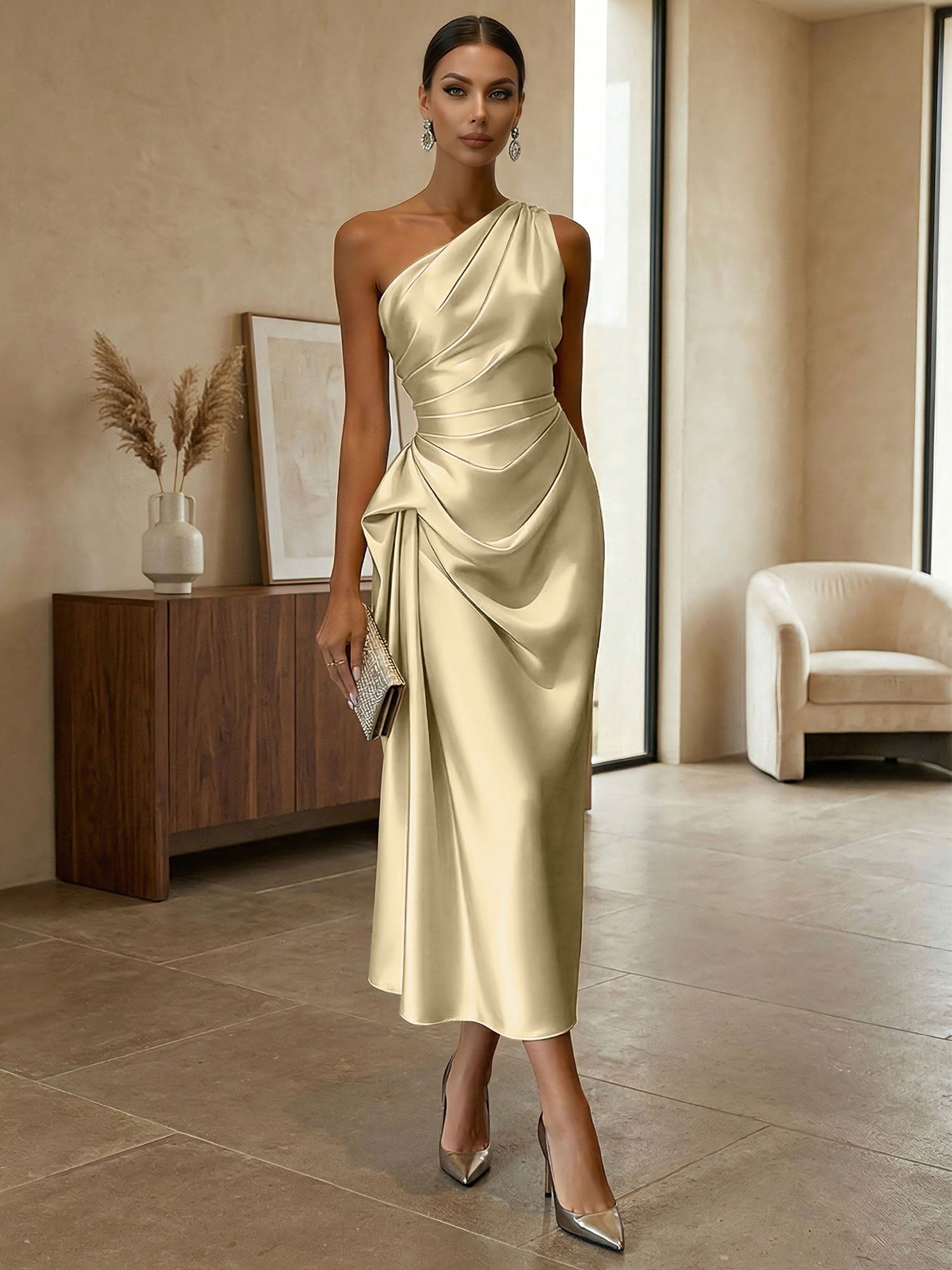 Champagne Ruched Satin One Shoulder Sleeveless Sheath Midi Dress