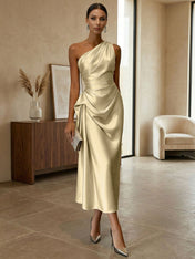 Champagne Ruched Satin One Shoulder Sleeveless Sheath Midi Dress