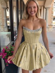 Sparkly Satin A Line Short Corset Homecoming Dress with Rhinestones