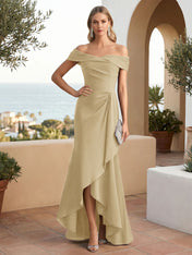 Off the Shoulder Pleat Satin High Low Mermaid Evening Dresses for Women