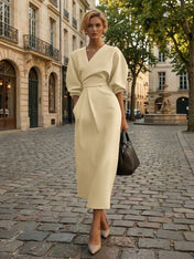 Sophisticated Camel V-Neck Balloon Sleeve Midi Dress Evening Gown